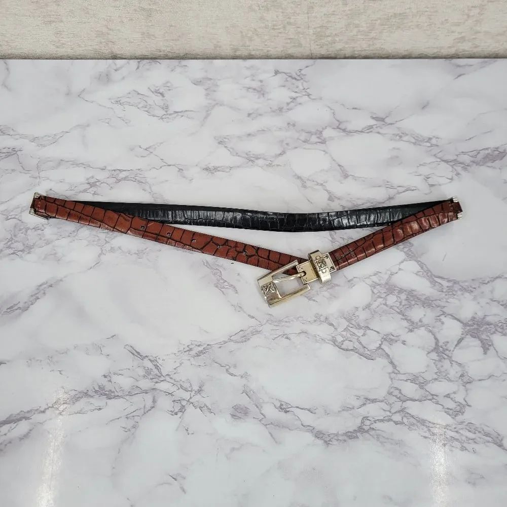 Reversible Brown and Black Crocodile Croc Embossed Pattern Leather Belt
